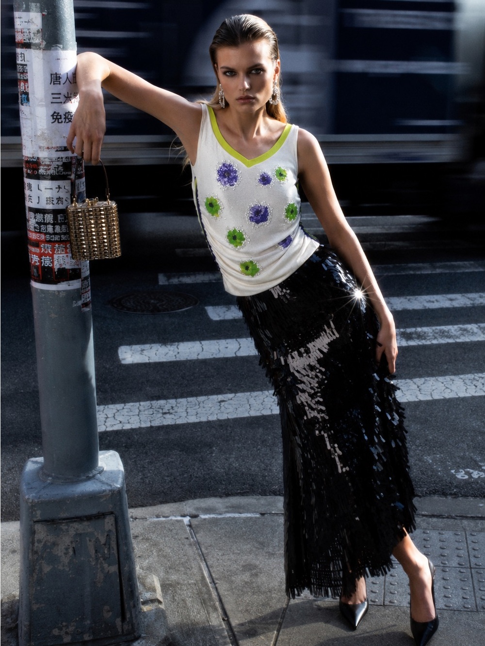 D.Exterior Sheer Mesh Sequin Floral Tank Top NWT S/XS Italy MSRP $200